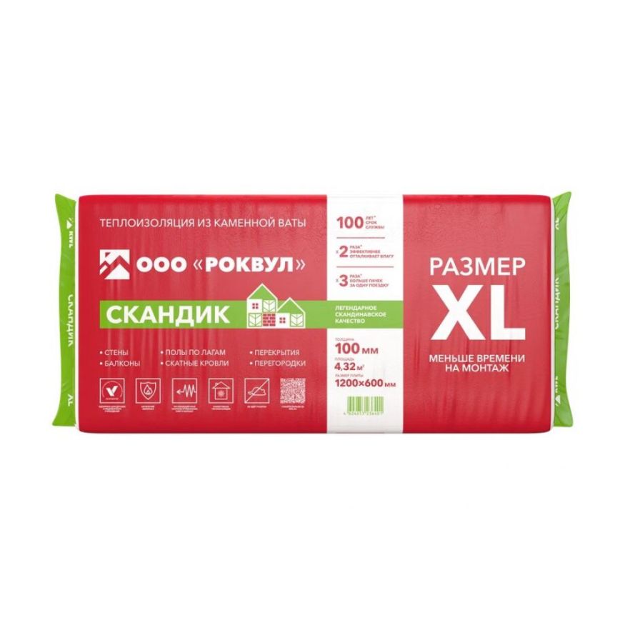 Утеплитель Роквул Скандик XL 100мм, 6 плит, 4.32м2, 600х1200мм, 0.432м3 Rockwool купить в Владивостоке